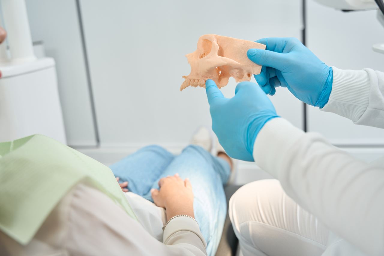 Dentist telling about upper jawbone density to the client
